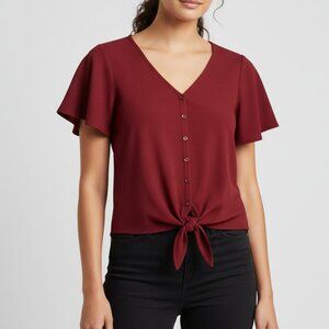 Burgundy Button Front Tie Hem Blouse Short Sleeve‎ V-Neck Top Women’s Medium